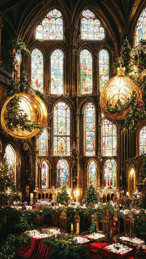 聖堂で開かれるクリスマス晩餐会 豪華な装飾とテーブルセッティング