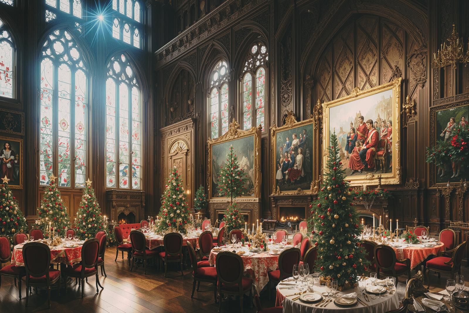 ステンドガラスと絵画に囲まれた宮殿風の食堂でクリスマスツリーが飾られた晩餐会