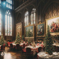 クリスマスツリーが彩る宮殿風の豪華な晩餐会の写真