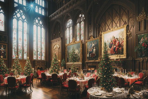 クリスマスツリーが彩る宮殿風の豪華な晩餐会