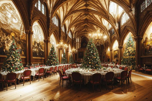 高い天井の大広間で開かれたクリスマスパーティー会場
