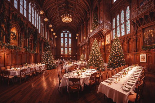 シャンデリア輝くクリスマス会場の大聖堂風空間