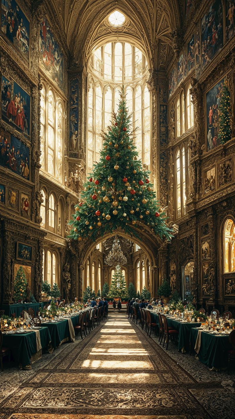 大聖堂風大広間のクリスマスツリーとディナー