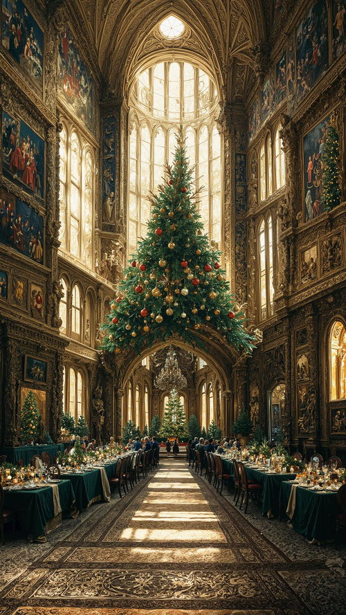 クリスマス一色に輝く大聖堂風の大広間のイルミネーション装飾