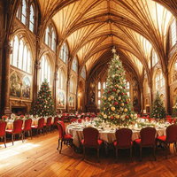 ゴシック風大聖堂でのクリスマスディナー会場の写真