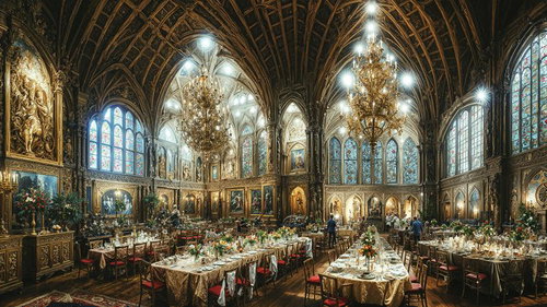 シャンデリア輝くゴシック様式風大聖堂でのクリスマスディナーパーティー