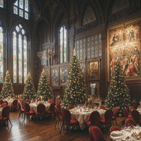 ステンドグラスの窓から差し込む光とクリスマス仕様の食堂のAI画像