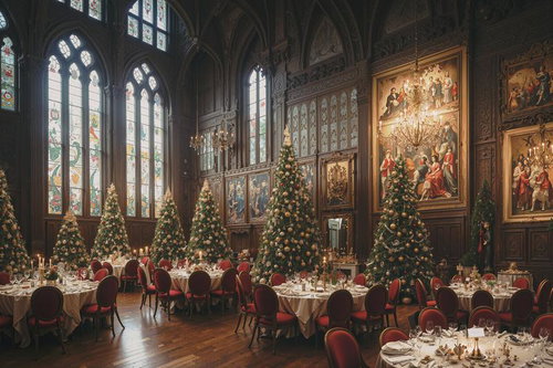 ステンドグラスの窓から差し込む光とクリスマス仕様の食堂