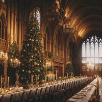 高貴な雰囲気の大聖堂風ホールで営まれるクリスマスディナーの写真