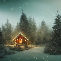 雪降る冬の森の山小屋の写真