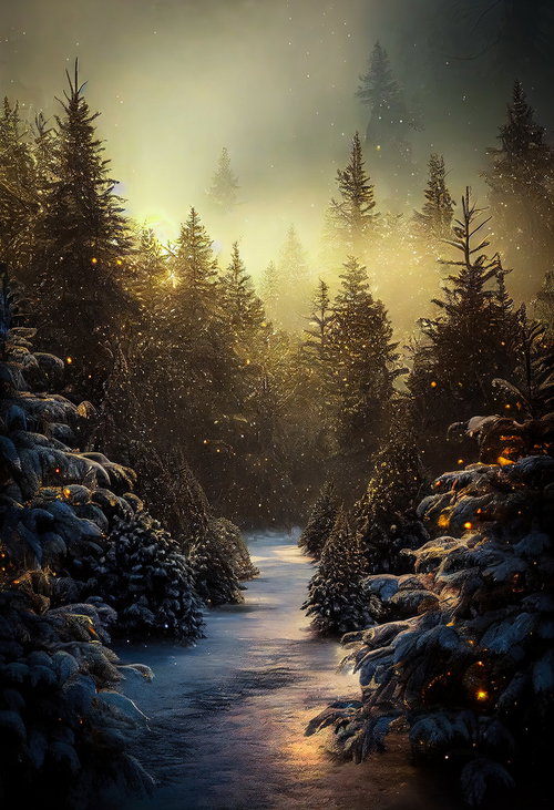 光を灯す冬の森のモミノキ、降雪舞う幻想的な針葉樹林のライトアップ風景