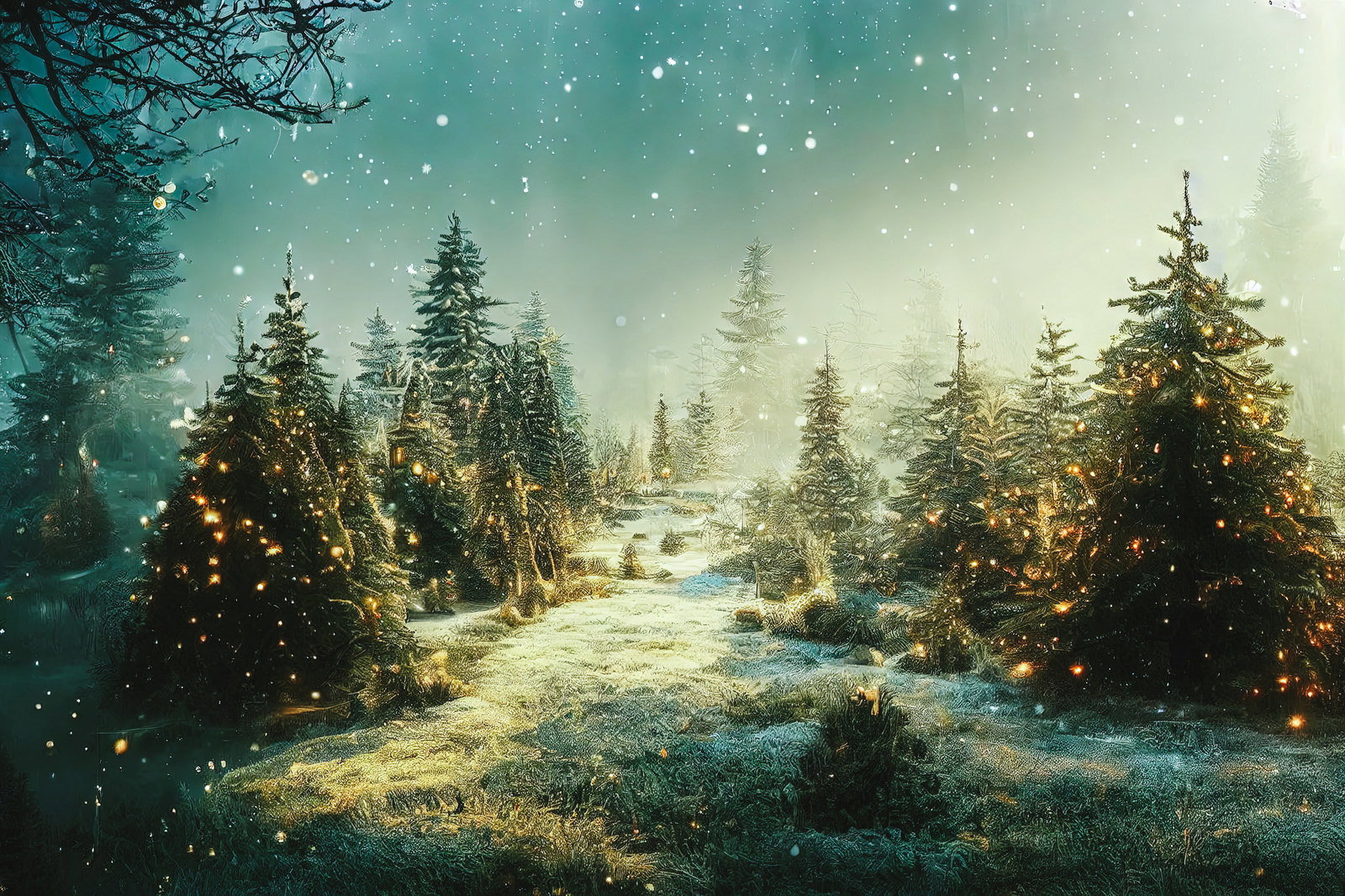 煌めく光のイルミネーションが灯るクリスマスツリーと雪が積もる森の夜景
