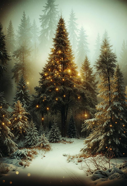 光る森の中で輝くモミノキ、雪の平原に立つクリスマスツリー