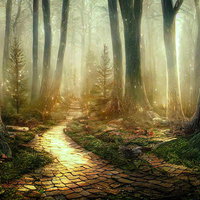 朝靄に包まれた光の散歩道～石畳を進む樹木の並木路の写真