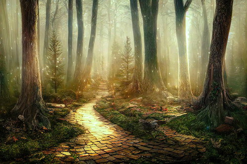 朝靄に包まれた光の散歩道～石畳を進む樹木の並木路