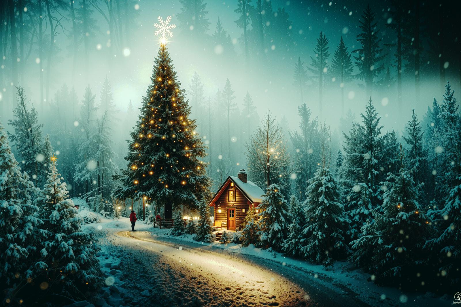雪降る森の中でライトアップされたクリスマスツリーと山小屋