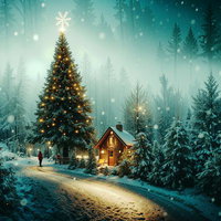 ライトアップされたクリスマスツリーと雪降る山小屋の写真