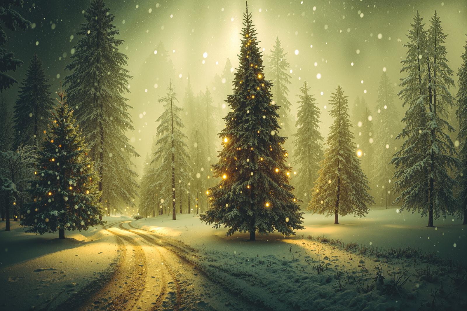 雪降る森の中で月明りに照らされたクリスマスツリー風のモミノキ