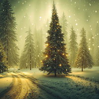 月明りに照らされた雪降るモミノキの冬景色の写真