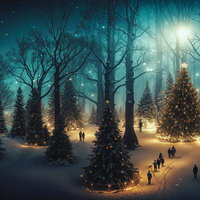 ライトアップされたクリスマスツリーの森の写真