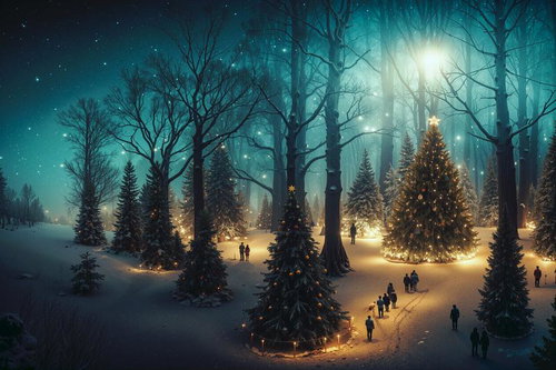 雪降る森で輝くライトアップされたクリスマスツリー