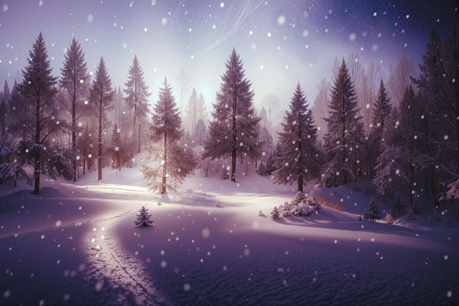 紫色の夕暮れ空の下、雪に覆われたモミの木が立つ雪原に足跡が続く冬の風景