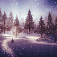 夕暮れの雪原に立つモミの木に舞い散る雪と足跡の写真