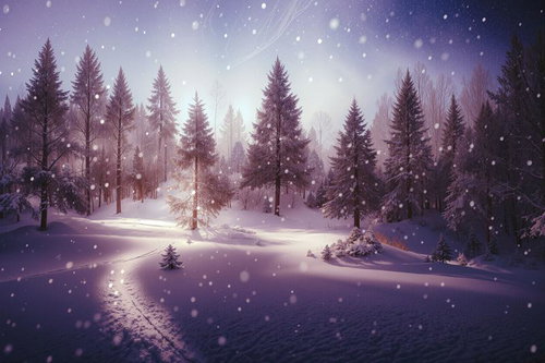 夕暮れの雪原に立つモミの木に舞い散る雪と足跡