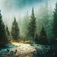 雪が舞う森の遊歩道を照らすイルミネーションの写真