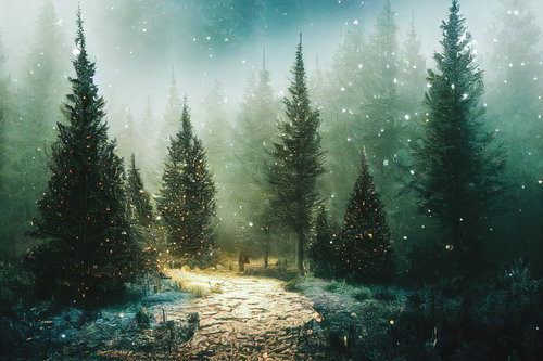 雪が舞う森の遊歩道を照らすイルミネーション