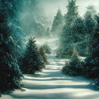 霧がかる深い積雪の森で立ち並ぶ木々と雪化粧の風景の写真