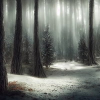 濃霧と積雪が織り交ざる冬の森林風景 雪景色の写真