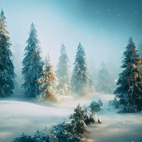 雪が降り積もるモミの木が立つ雪原の冬景色の写真