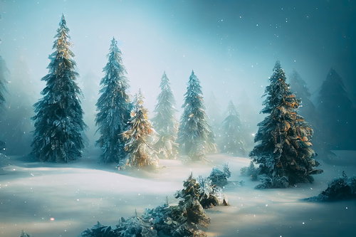 雪が降り積もるモミの木が立つ雪原の冬景色