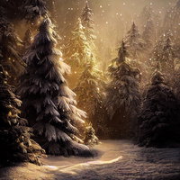 月明かりに照らされた雪化粧したモミの木の森の写真