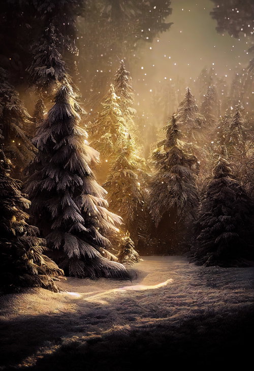 月明かりに照らされた雪化粧したモミの木の森