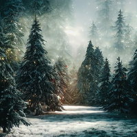 雪が舞うモミの木の深い森林景観の写真