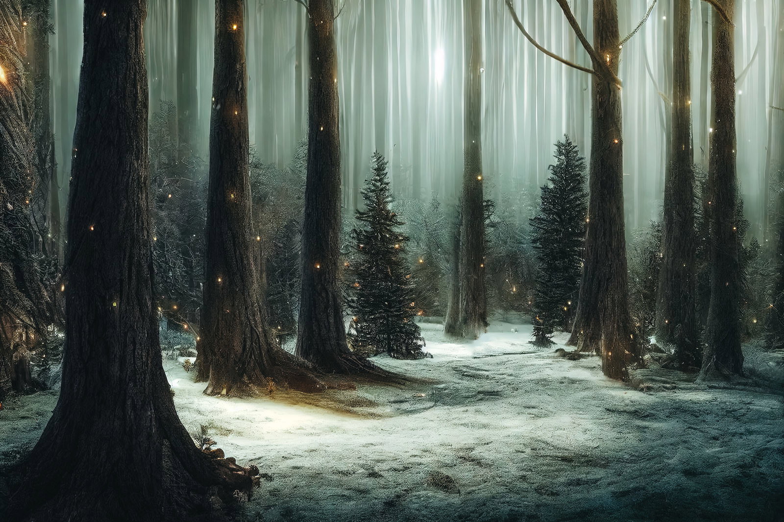 雪に覆われたモミの木が立ち並ぶ冬の森に光が差し込む風景