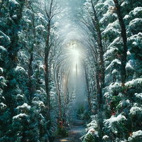 雪積る木々のトンネル遊歩道：冬の森の奥へ続く小径の写真