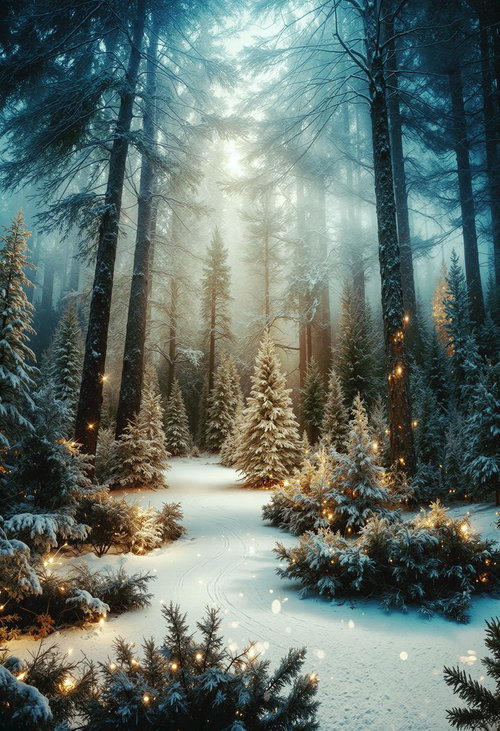 煌めく光に包まれる雪景色のモミノキ林の幻想的な冬景色