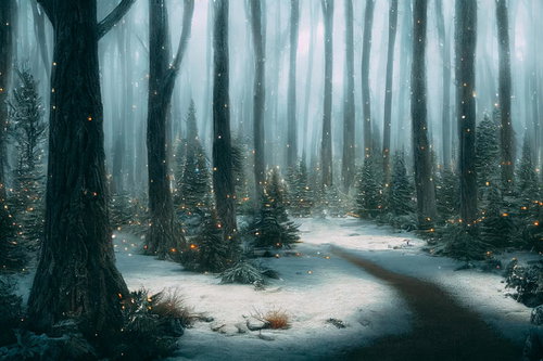きらめく冬の散歩道の木々と降雪が織りなす静寂の森景色