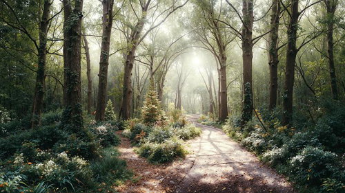 アーチ状の木々が連なる雪の遊歩道を歩む冬の森