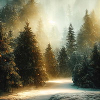 霜降りる遊歩道と朝靄の針葉樹の森の写真