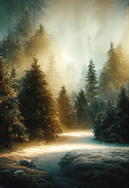 霜降りる遊歩道の森 朝靄に包まれた針葉樹林の冬景色