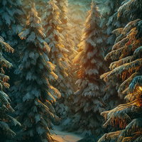 温かな光が差し込む雪積もるモミの木の森の小径の写真