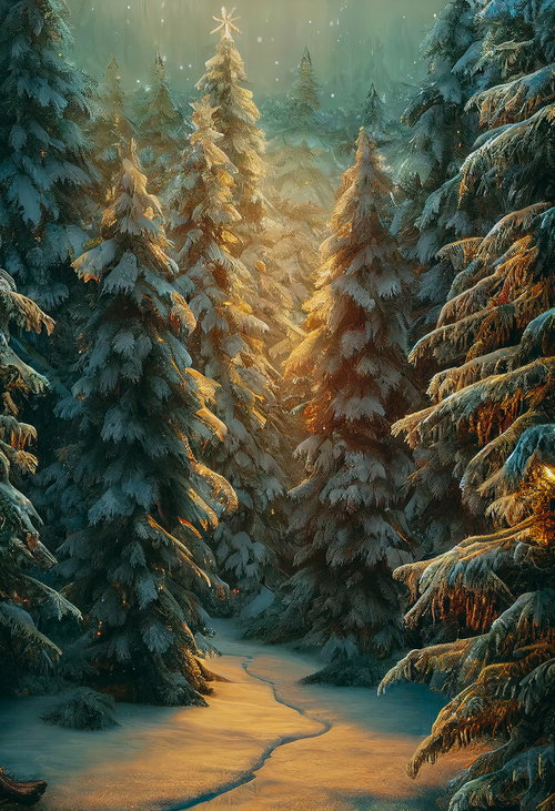 温かな光が差し込む雪積もるモミの木の森の小径