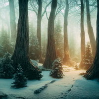 朝日が差し込む雪が積もる針葉樹林の冬の夜明けの写真
