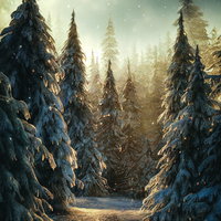 氷の粒が舞うモミの木の樹海の冬景色の写真