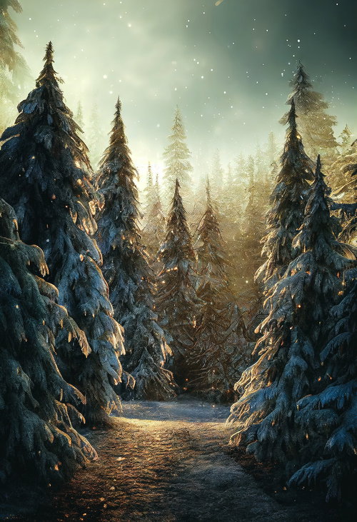 氷の粒が舞うモミの木の樹海の冬景色