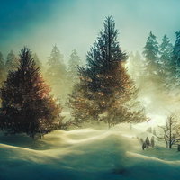 太陽光に照らされた雪原の大きなモミの木と冬の森の写真